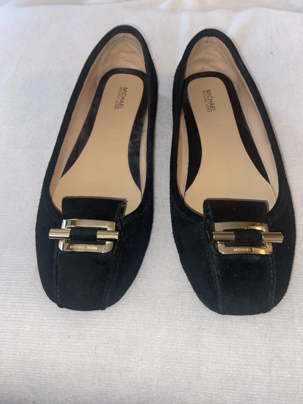 Michael Kors Black Suede Flats with Gold Buckle